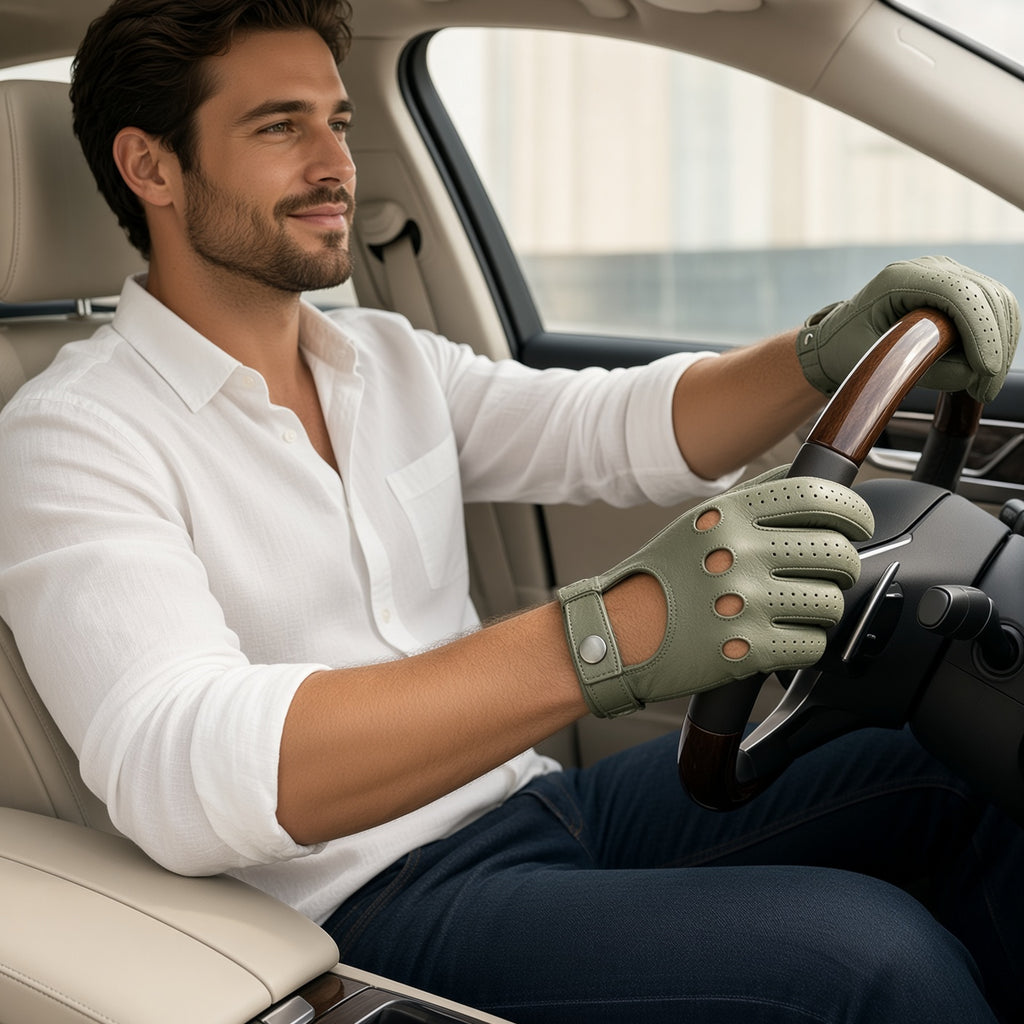 Sage Gray Leather Driving Gloves