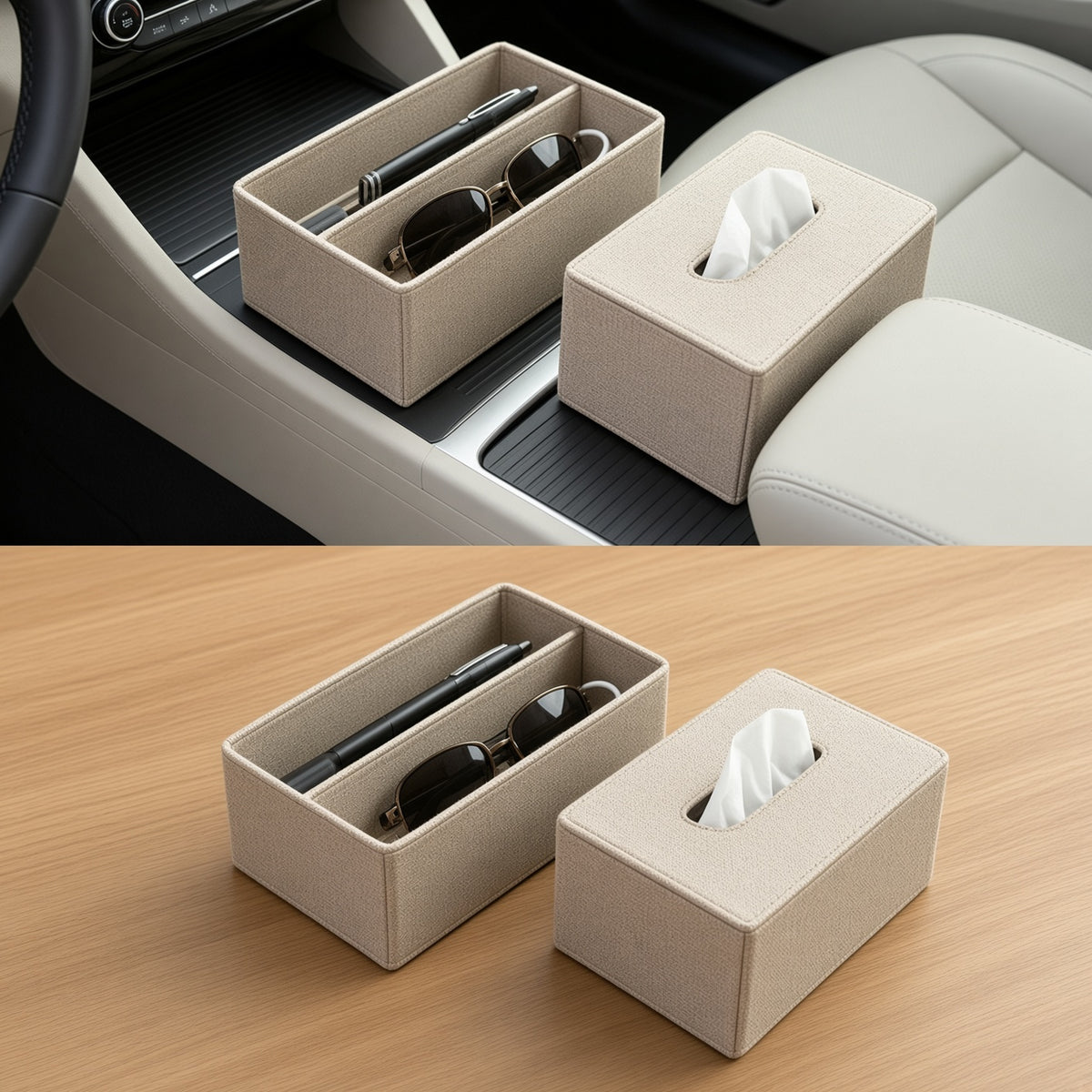 Linen Fabric Car Console Storage Set